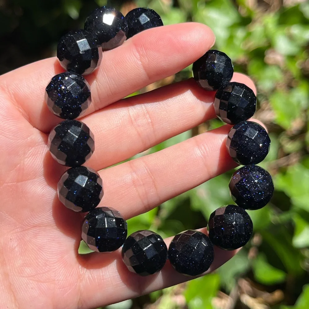 14mm sparkling faceted‎ blue sandstone bracelet